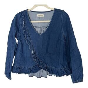 Madewell‎ Womens Size(S) Blue Denim Ruffle Detail Cotton Blouse Top Cropped